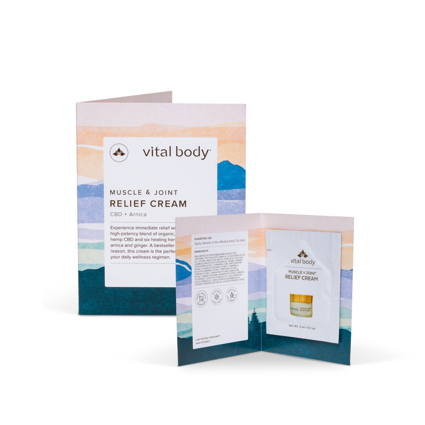 Vital Body muscle and joint relief cream packaging with a trifold brochure.