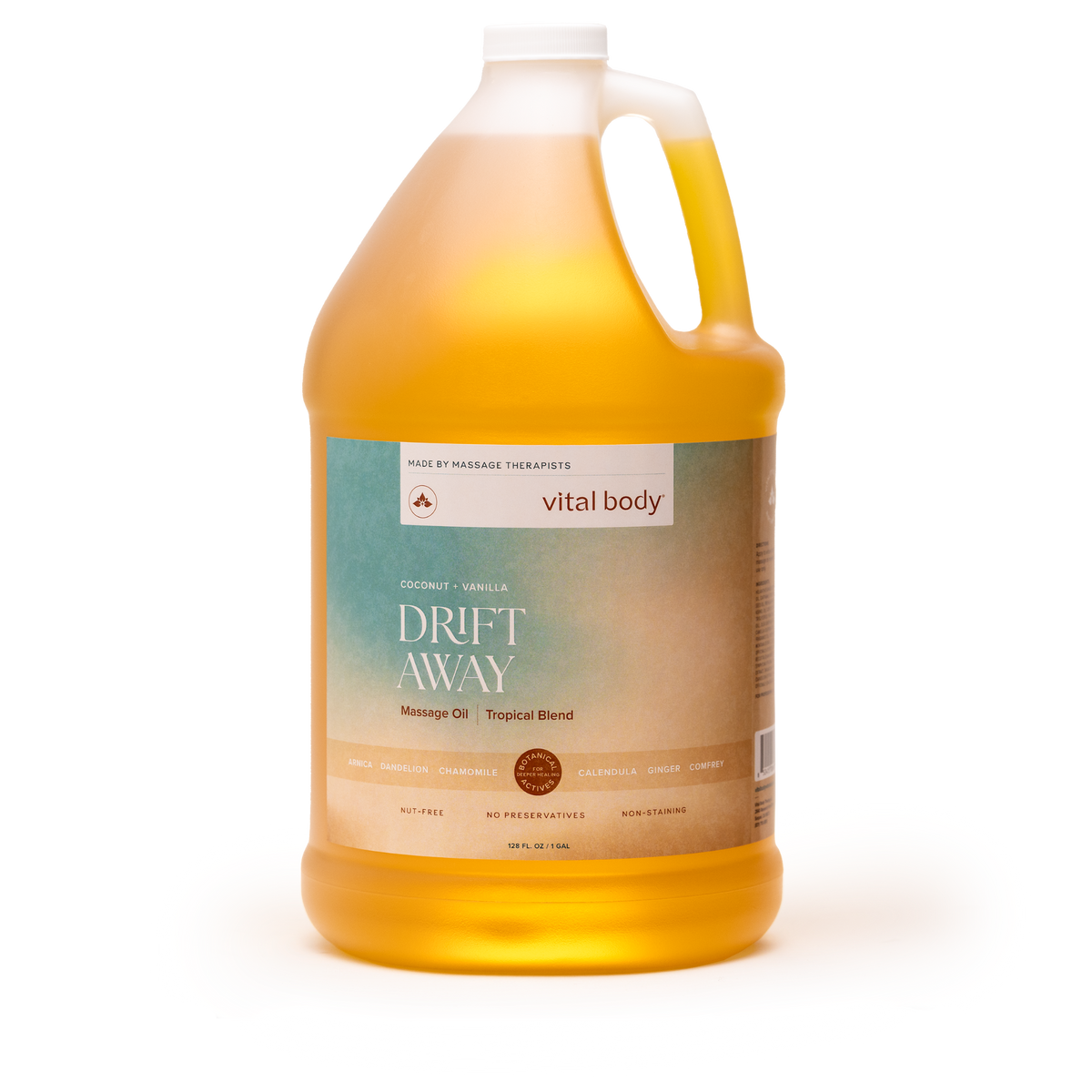 A large plastic jug of vital body Drift Away Manage Oil Tropical Blend, filled with golden yellow oil, on a clean white background.