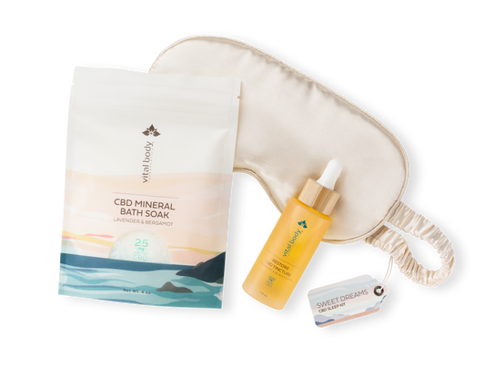 CBD mineral bath soak packaging, eye mask, and dropper bottle on a white background