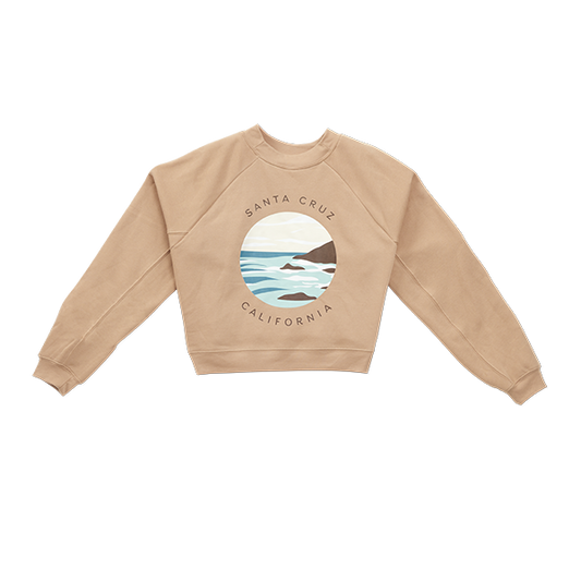 Beige sweatshirt with a graphic of Santa Cruz, California on a white background