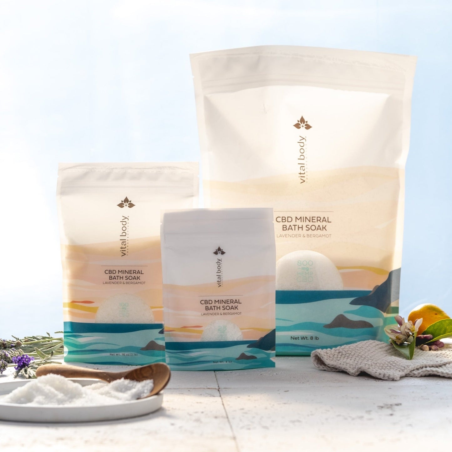 CBD Mineral Bath Soak packaging with a natural background