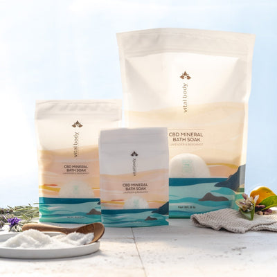 CBD Mineral Bath Soak packaging with a natural background