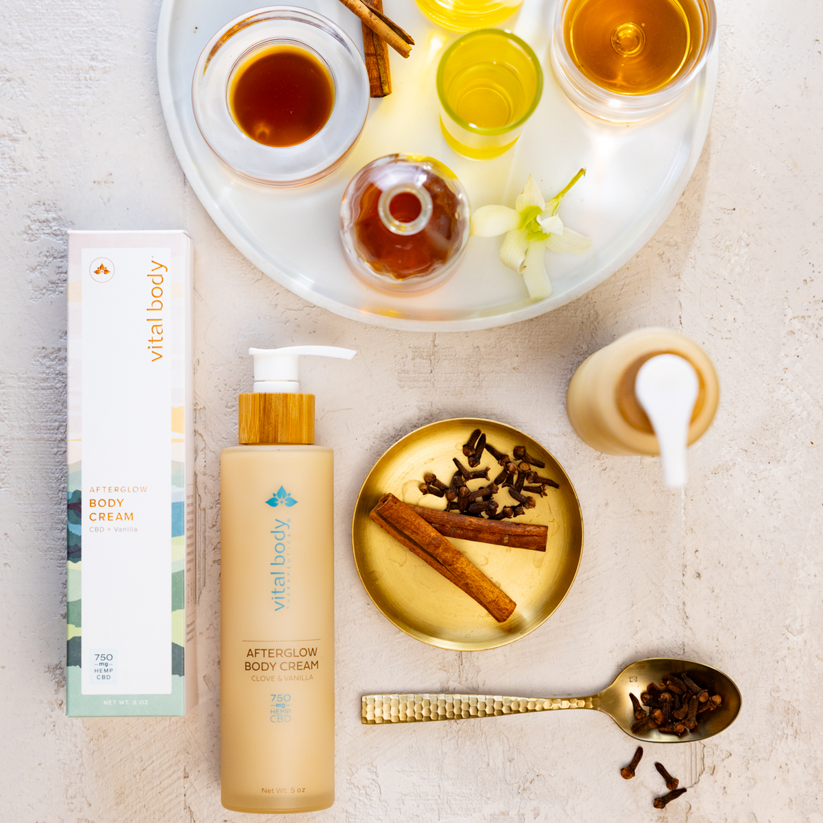Vital Body cream with cinnamon and honey on a neutral background
