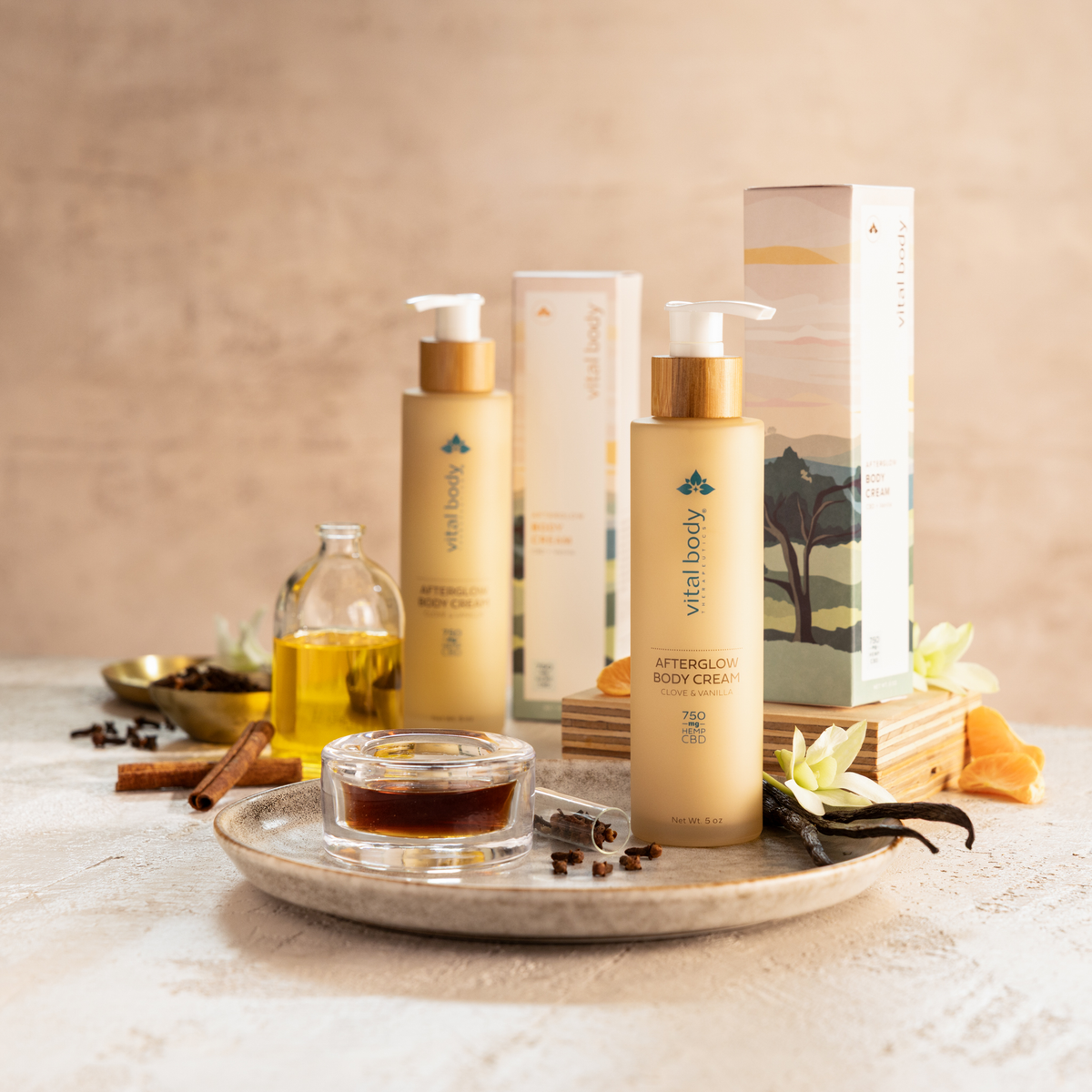 Cosmetic products on a tray with a neutral background