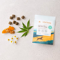 Vital Body CBD dog chews package with dog treats and a cannabis leaf on a light background