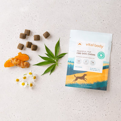 Vital Body CBD dog chews package with dog treats and a cannabis leaf on a light background