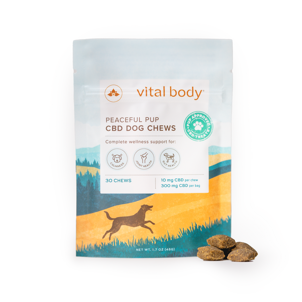 Package of 'Vital Body' Peaceful Pup CBD Dog Chews on a white background
