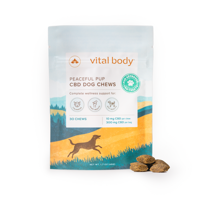 Package of 'Vital Body' Peaceful Pup CBD Dog Chews on a white background
