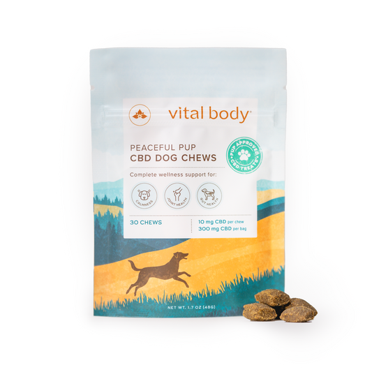 Package of 'Vital Body' Peaceful Pup CBD Dog Chews on a white background