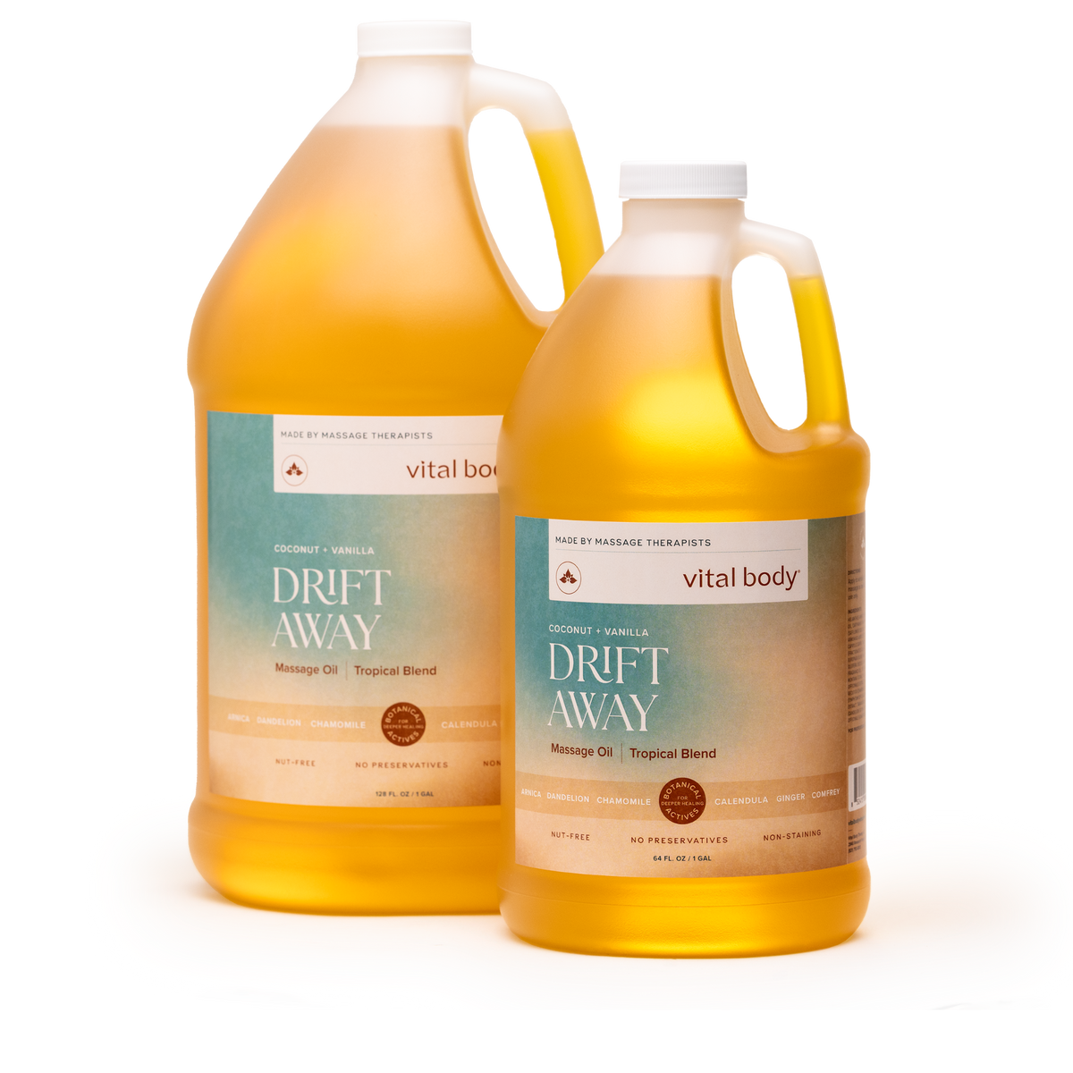 Two plastic gallon jugs of Vital Body Drift Away massage oil with a tropical blend scent, filled with golden yellow oil, on a white background.