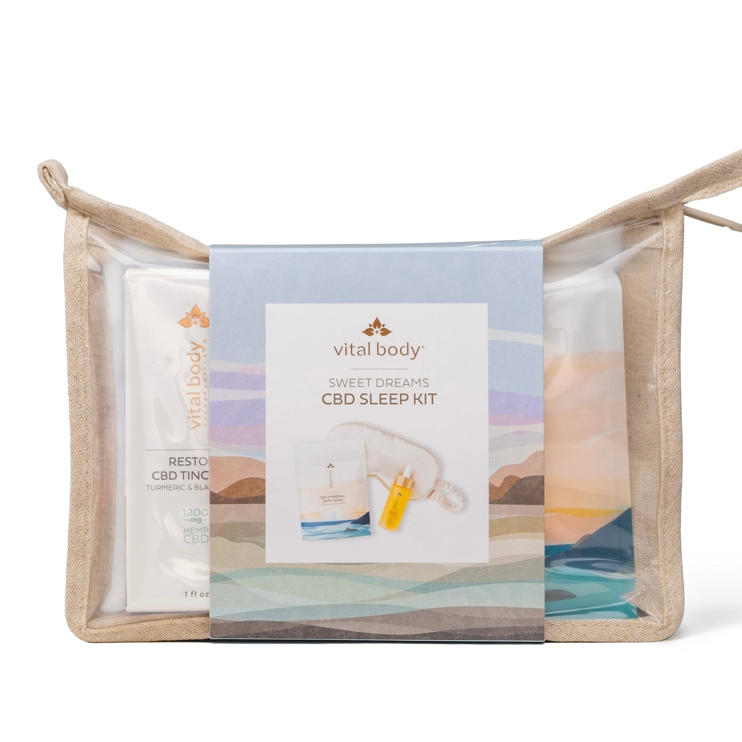 Vital Body CBD Sleep Kit with packaging in a woven basket on a white background