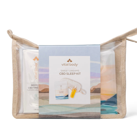 Vital Body CBD Sleep Kit with packaging in a woven basket on a white background