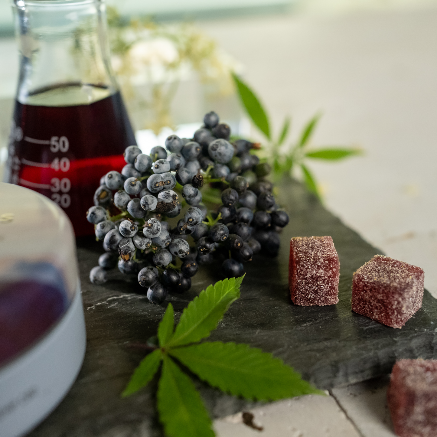 Frosted berries, a bottle of dark liquid, and cannabis leaves on a stone surface.