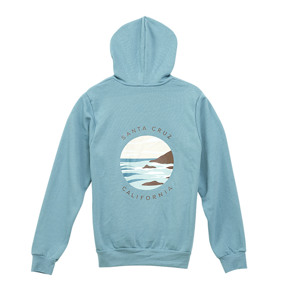 Light blue hoodie with a 'Santa Cruz California' graphic on the back against a white background
