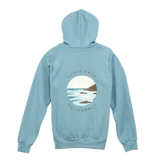 Light blue hoodie with a 'Santa Cruz California' graphic on the back against a white background