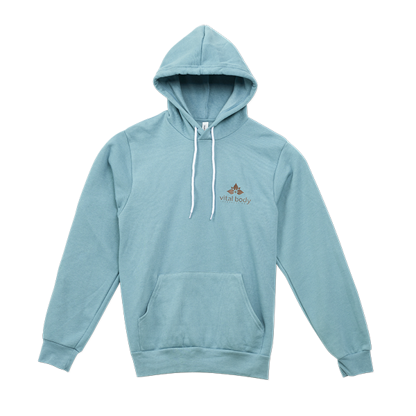 Light blue hoodie with a logo on a white background