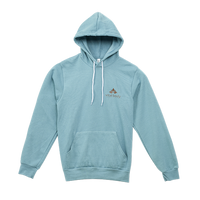 Light blue hoodie with a logo on a white background