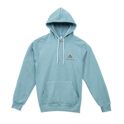 Light blue hoodie with a logo on a white background