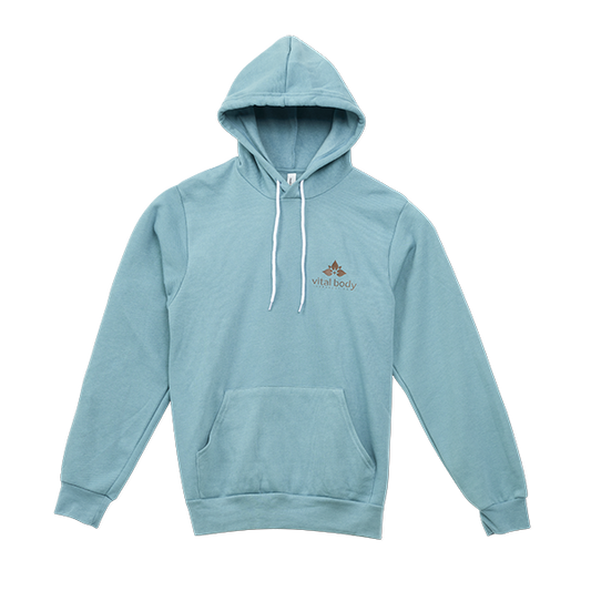 Light blue hoodie with a logo on a white background