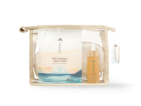 Cosmetic bag with CBD mineral bath soap and bottle on a white background