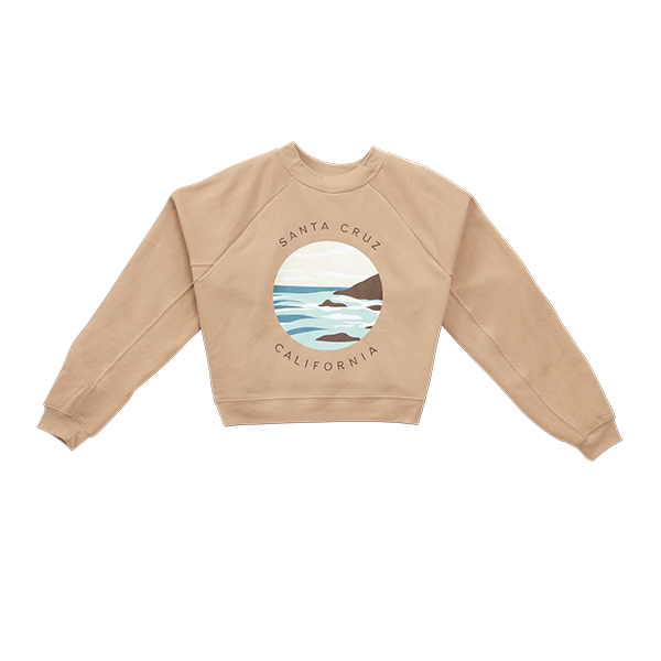 Beige sweatshirt with a graphic of Santa Cruz, California on a white background