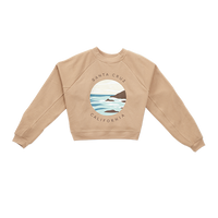 Beige sweatshirt with a graphic of Santa Cruz, California on a white background