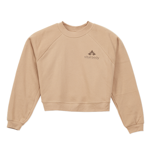 Beige sweatshirt with 'vital body' logo on a white background