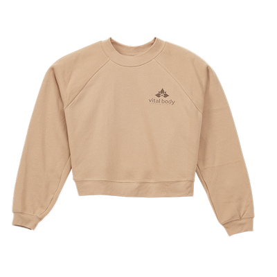 Beige sweatshirt with 'vital body' logo on a white background