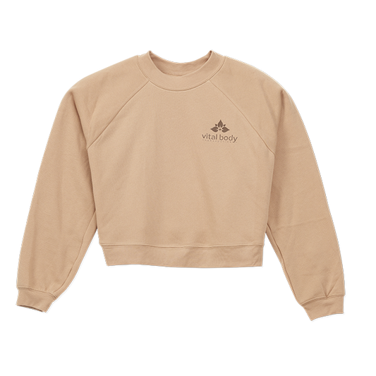 Beige sweatshirt with 'vital body' logo on a white background